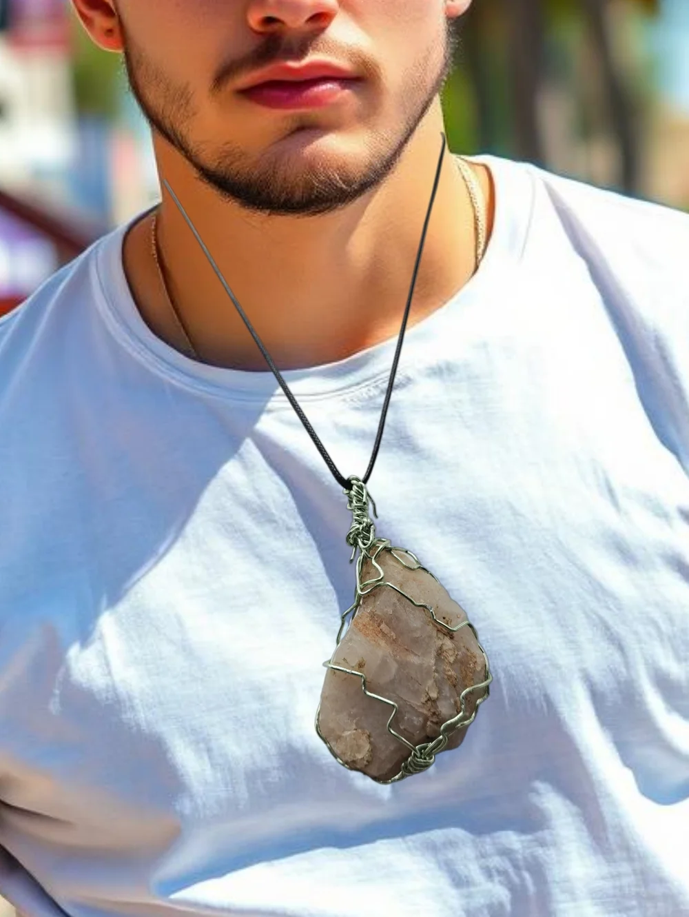 Large Raw Rose Quartz Pendant with Black Cord Necklace NWOT